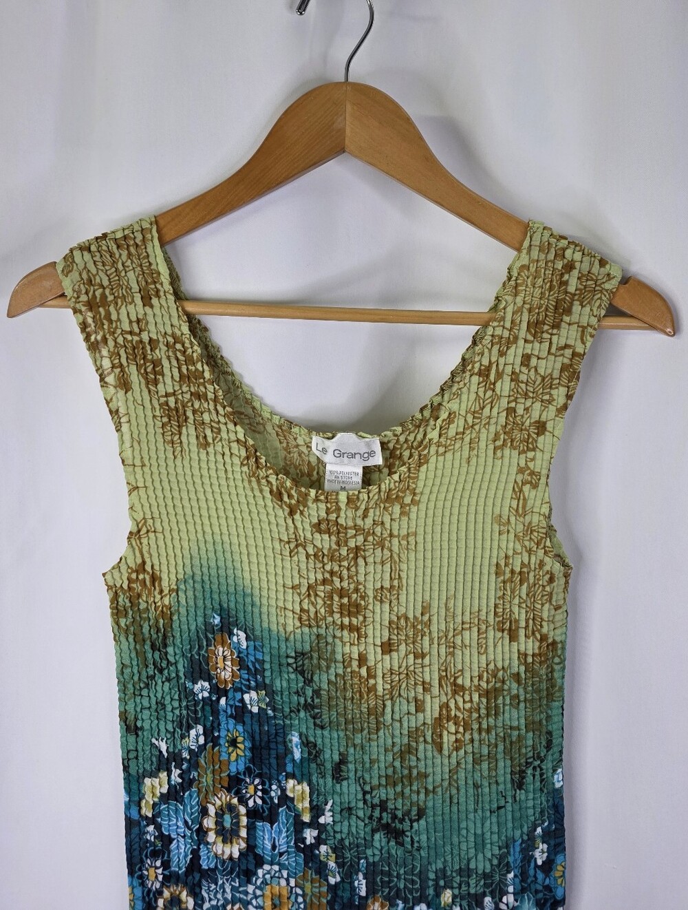 Le Grange Y2K Women's Size Medium Waffle Stretch Blouse Crinkle Blue Floral 2000 - Picture 4 of 14